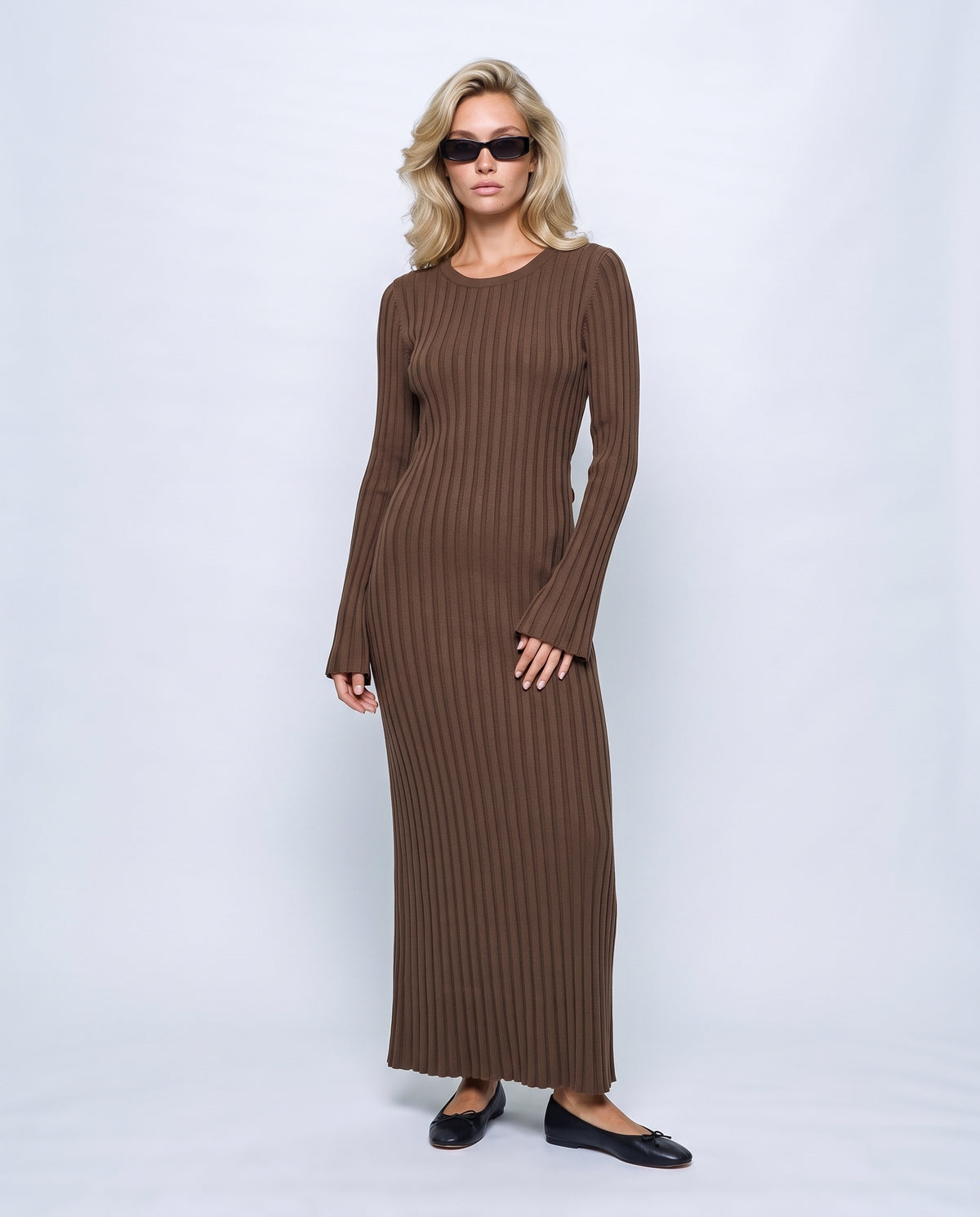 Juliette Lace-Up Knit Maxi Dress in Café, front view on a non-pregnant model