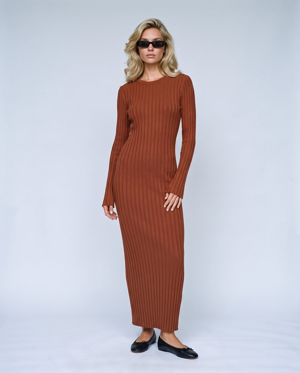 Juliette Lace-Up Knit Maxi Dress in Granate, front view on a non-pregnant model