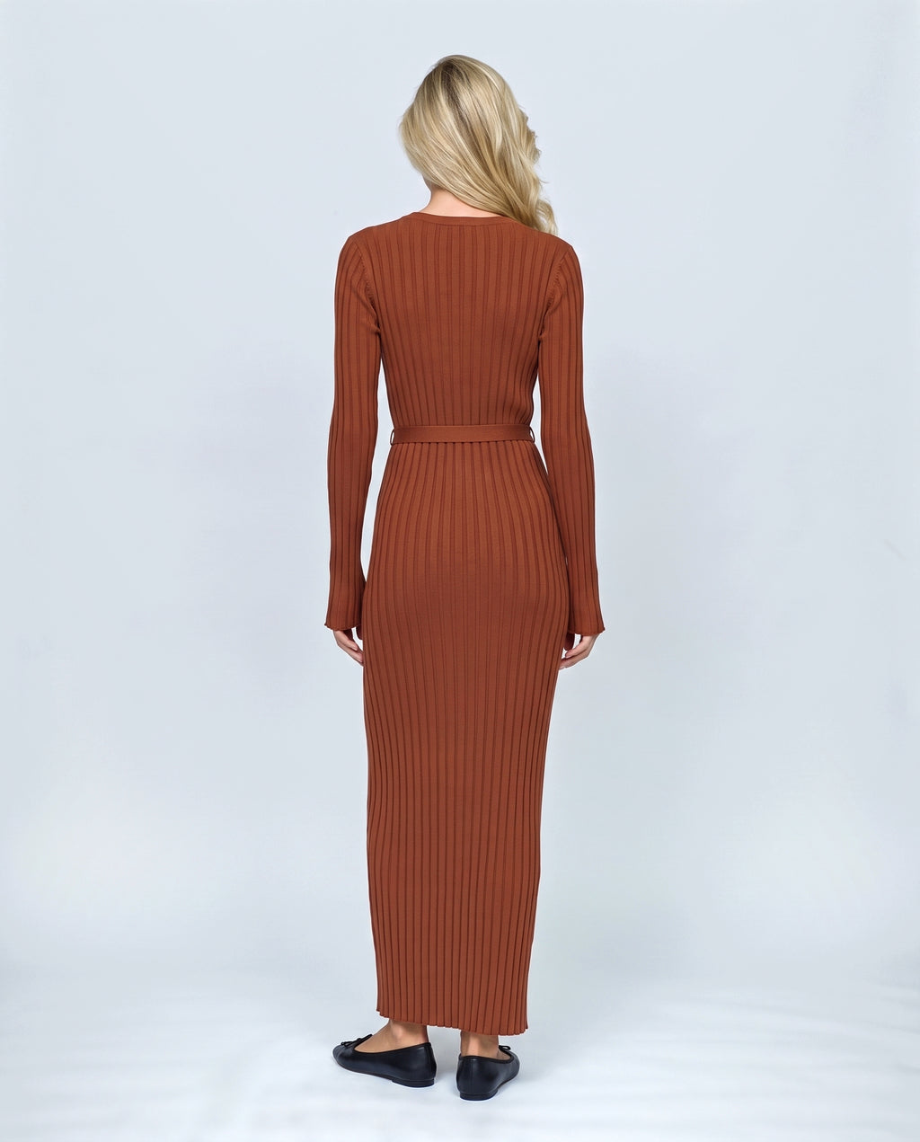 Juliette Lace-Up Knit Maxi Dress in Granate, back view on a non-pregnant model