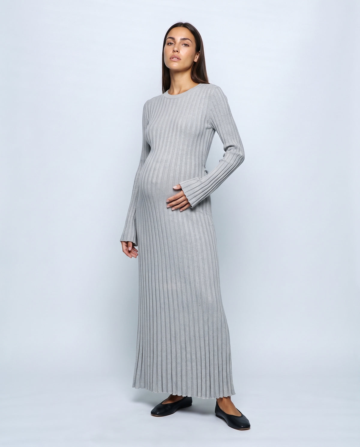 Juliette Lace-Up Knit Maxi Dress in Grey, front view