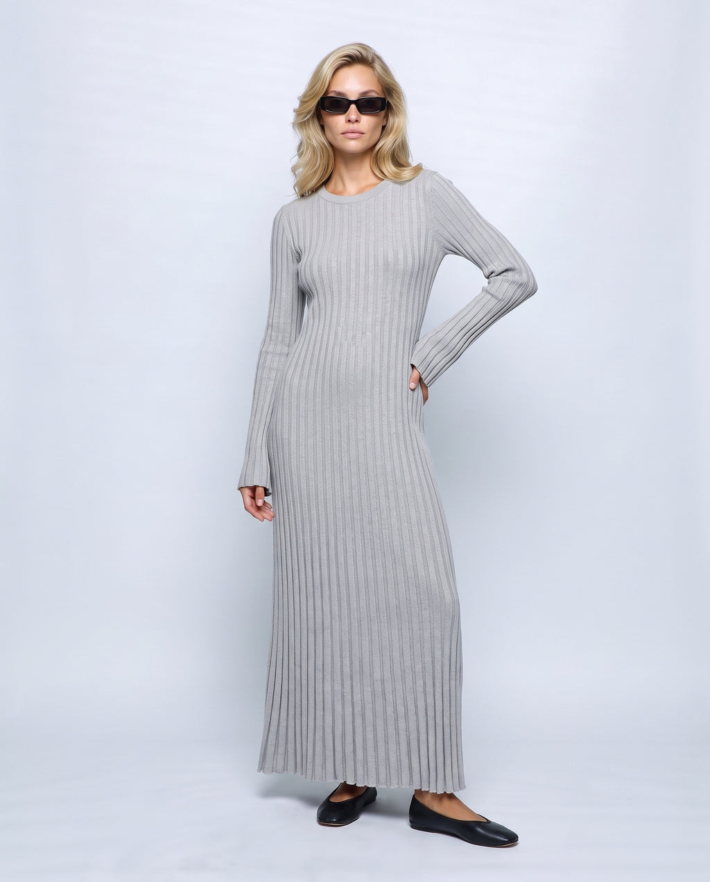 Juliette Lace-Up Knit Maxi Dress in Grey, front view on a non-pregnant model