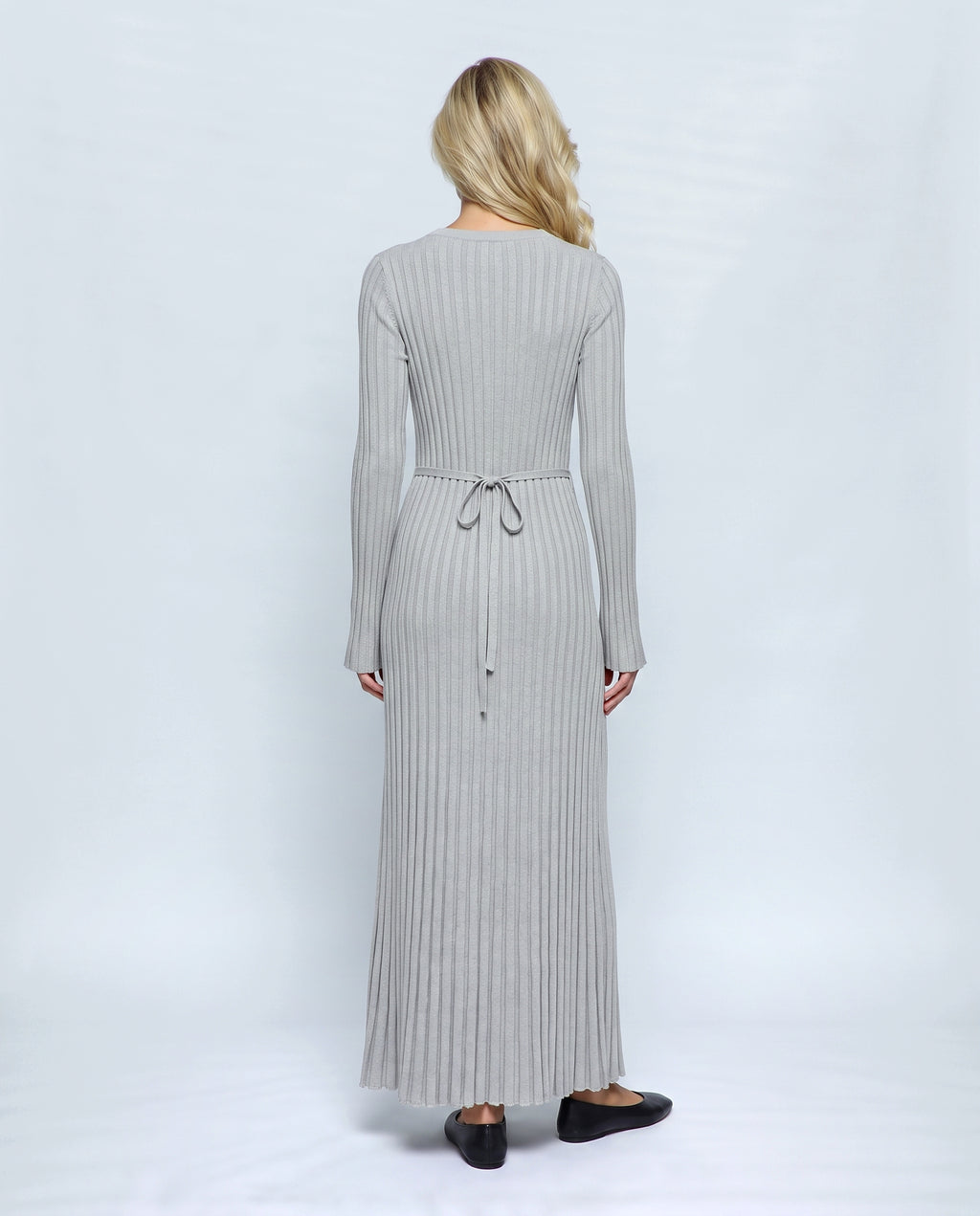 Juliette Lace-Up Knit Maxi Dress in Grey, back view on a non-pregnant model
