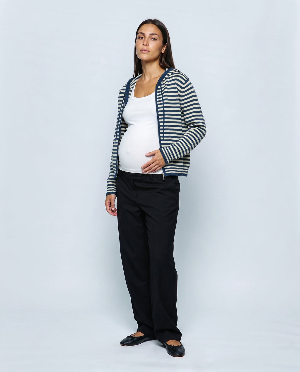 Marin Striped Hooded Cardigan in Blue stripe, front view
