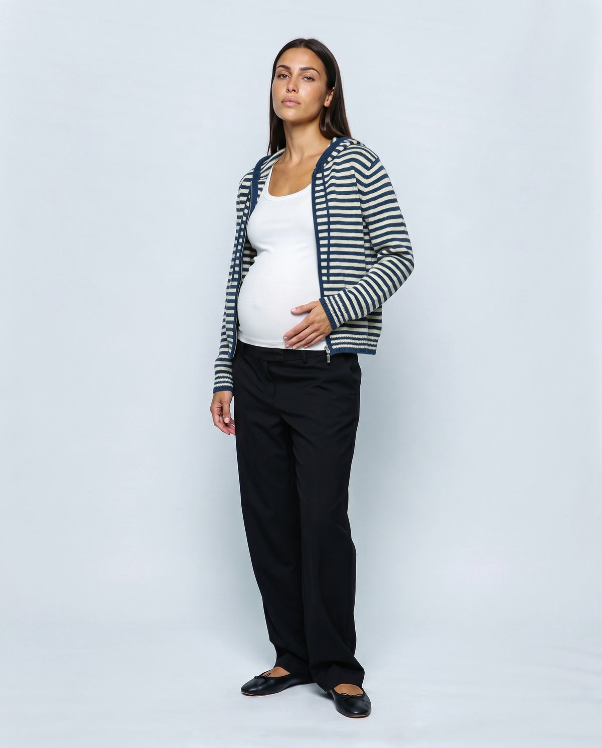 Marin Striped Hooded Cardigan in Blue stripe, front view