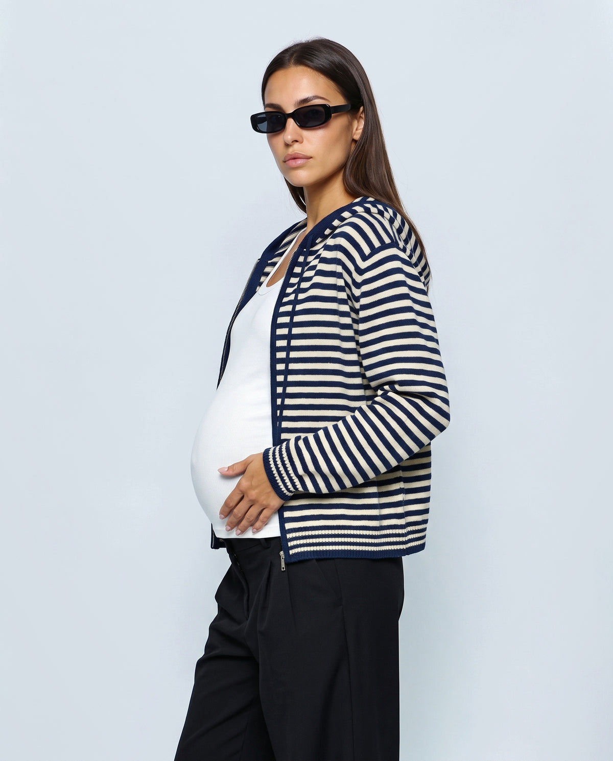 Marin Striped Hooded Cardigan in Blue stripe, side view