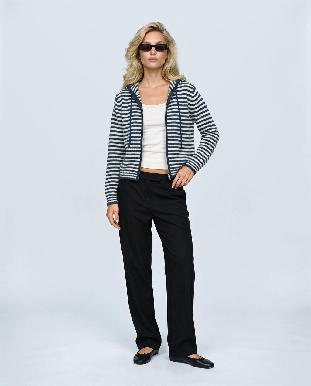 Marin Striped Hooded Cardigan in Blue stripe, front view on a non-pregnant model