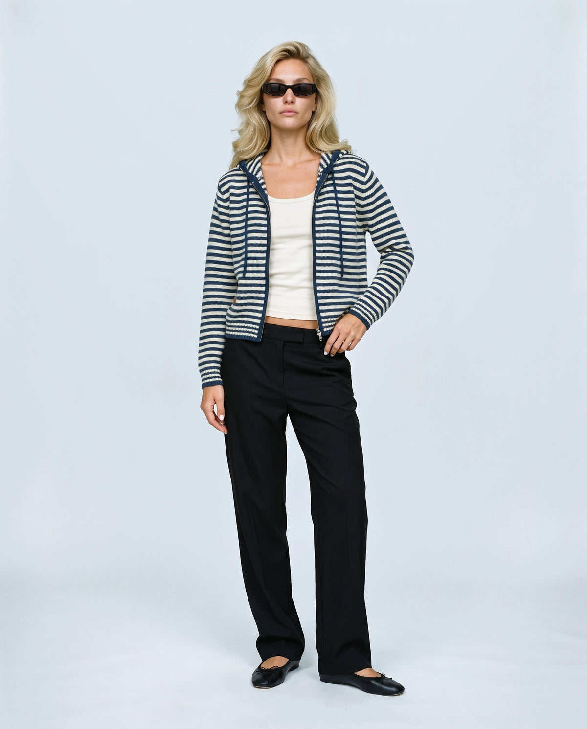 Marin Striped Hooded Cardigan in Blue stripe, front view on a non-pregnant model