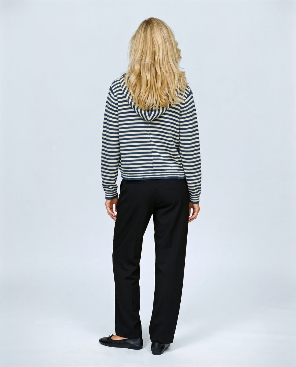 Marin Striped Hooded Cardigan in Blue stripe, back view on a non-pregnant model