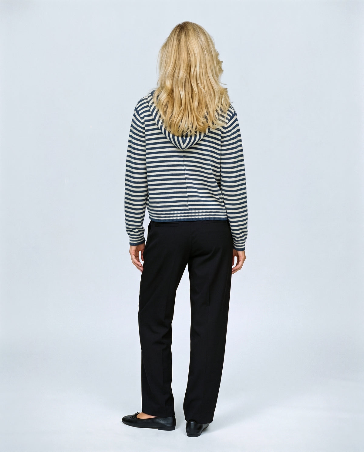 Marin Striped Hooded Cardigan in Blue stripe, back view on a non-pregnant model