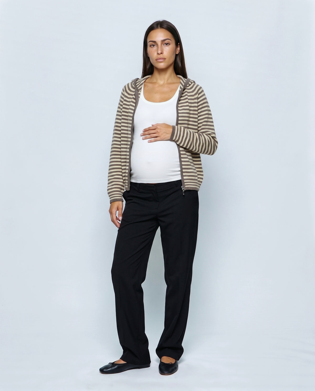 Marin Striped Hooded Cardigan in Brown stripe, front view