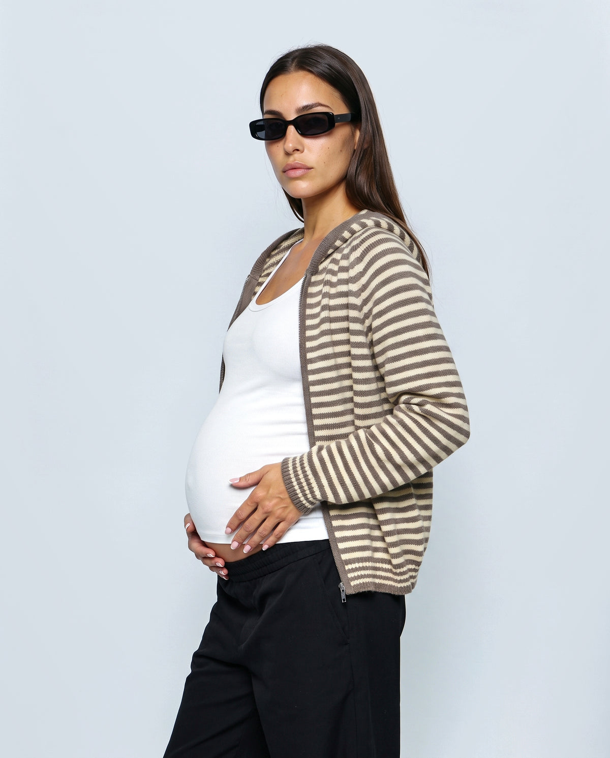 Marin Striped Hooded Cardigan in Brown stripe, side view