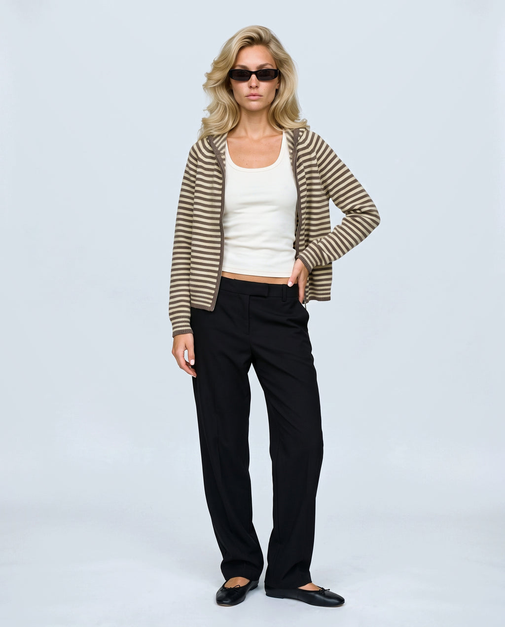 Marin Striped Hooded Cardigan in Brown stripe, front view on a non-pregnant model