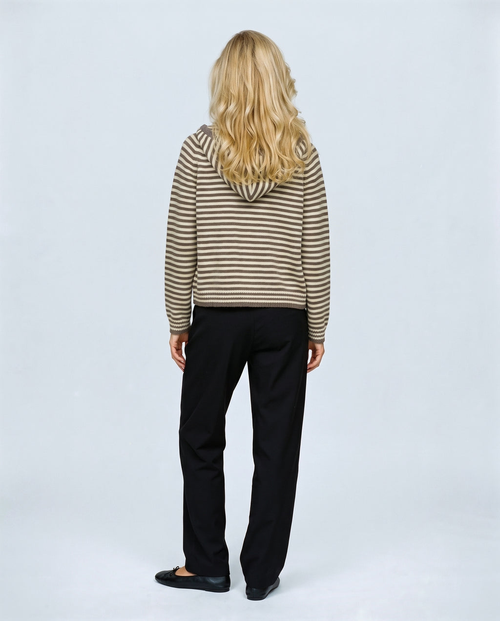 Marin Striped Hooded Cardigan in Brown stripe, back view on a non-pregnant model