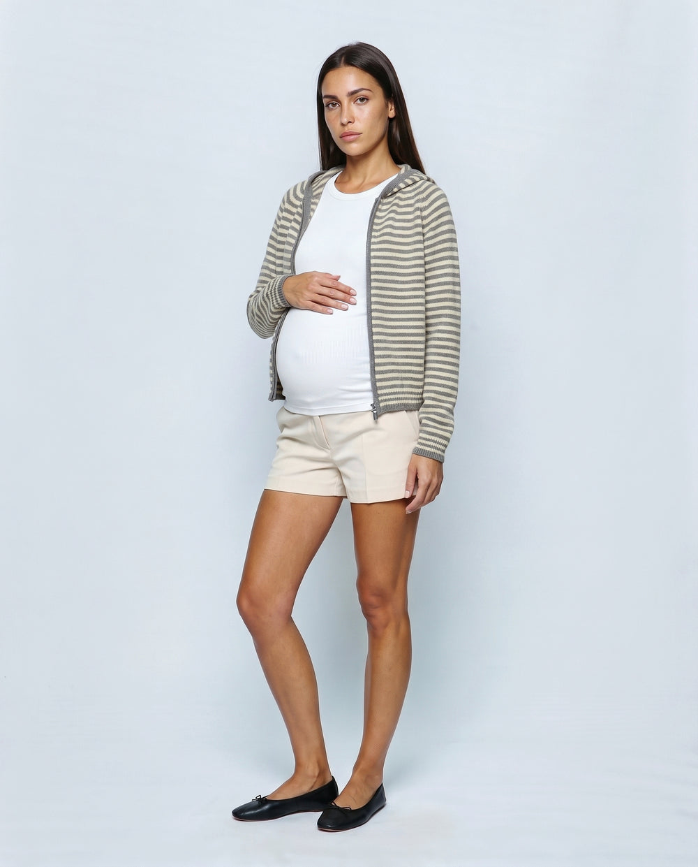 Marin Striped Hooded Cardigan in Grey stripe, front view