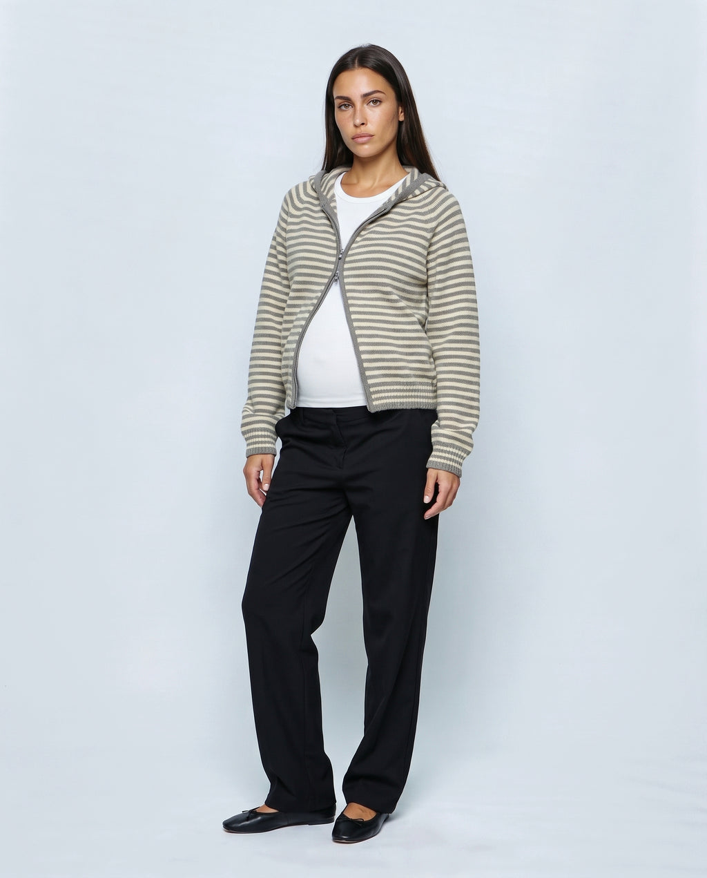 Marin Striped Hooded Cardigan in Grey stripe, closed over the bump