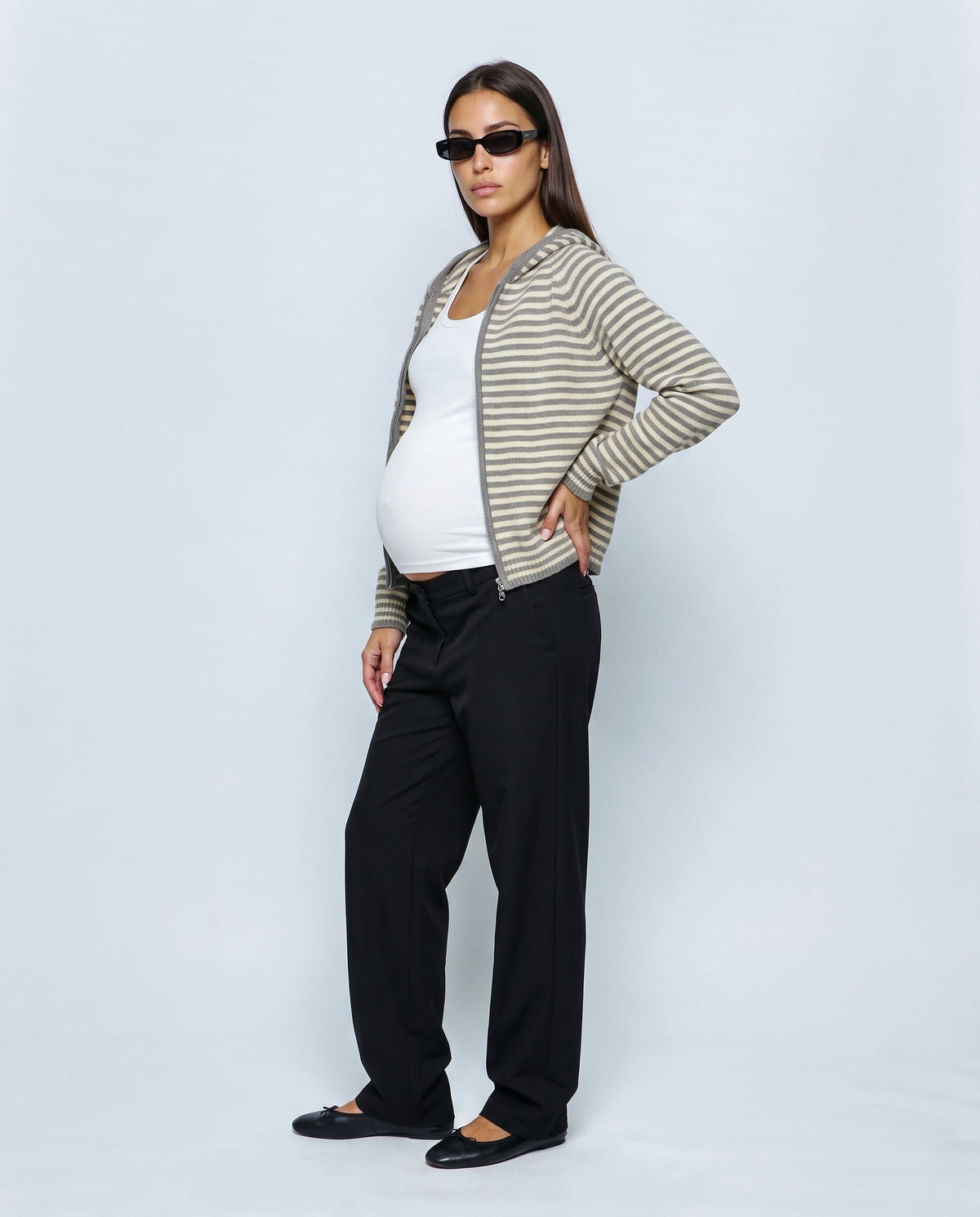 Marin Striped Hooded Cardigan in Grey stripe, side view