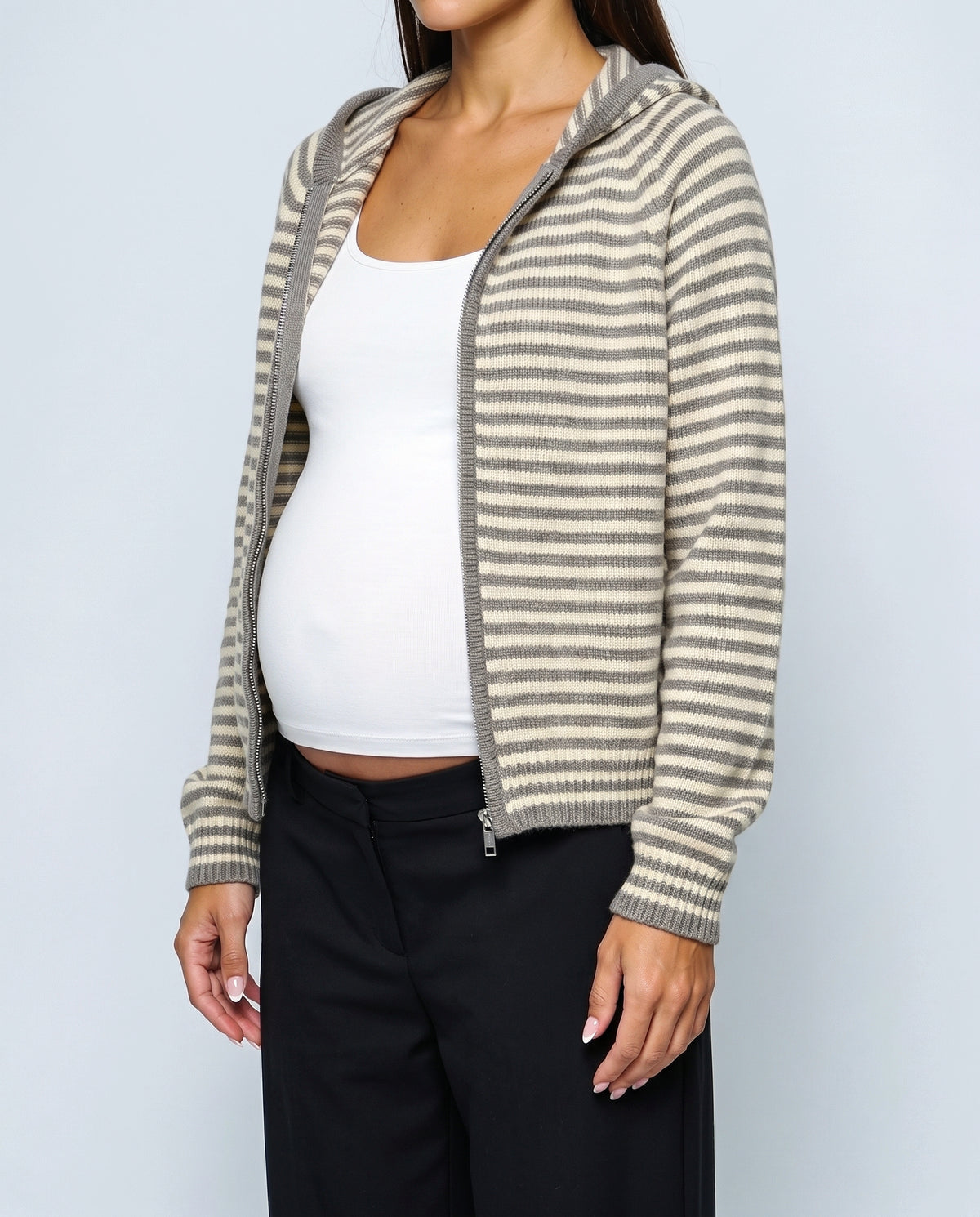 Marin Striped Hooded Cardigan in Grey stripe, fabric detail
