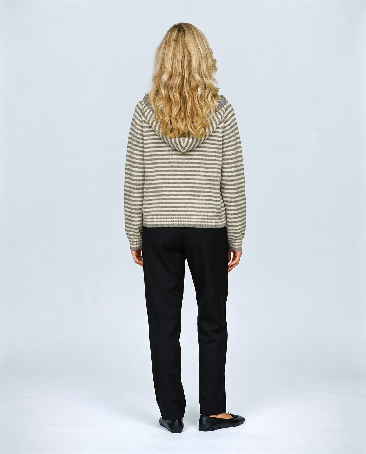 Marin Striped Hooded Cardigan in Grey stripe, back view on a non-pregnant model