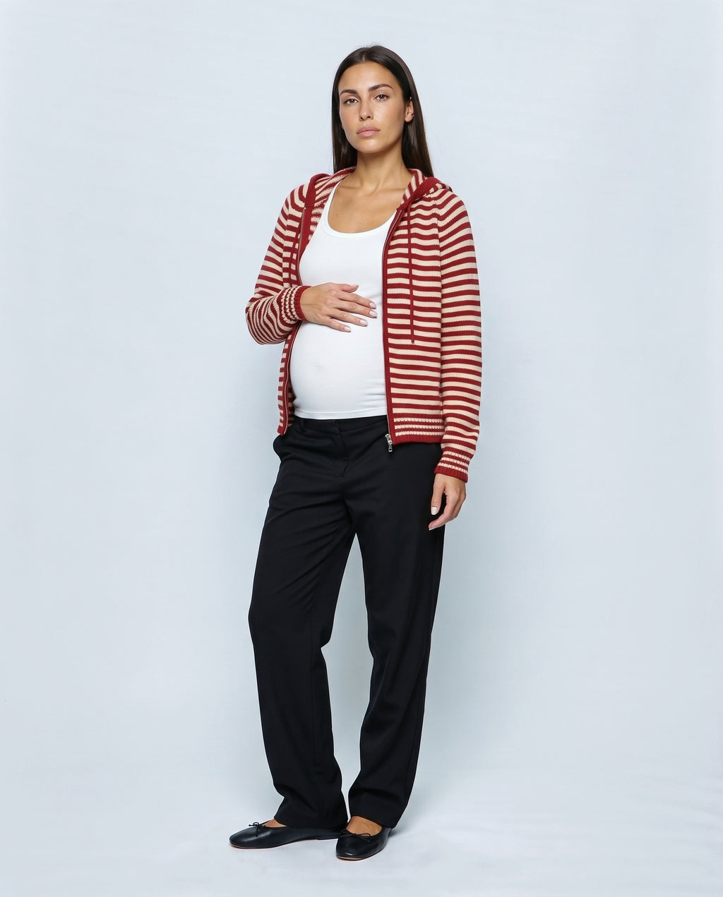 Marin Striped Hooded Cardigan in Red stripe, front view