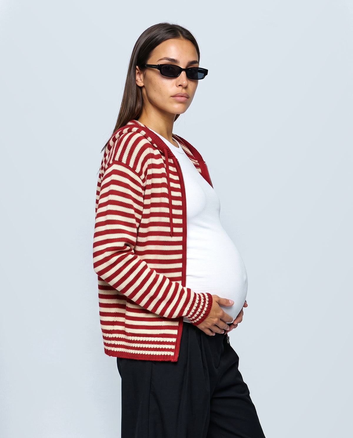 Marin Striped Hooded Cardigan in Red stripe, side view