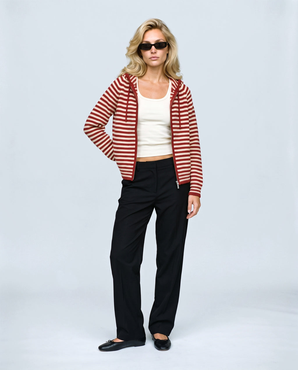 Marin Striped Hooded Cardigan in Red stripe, front view on a non-pregnant model