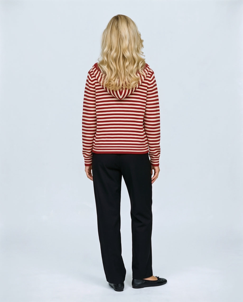 Marin Striped Hooded Cardigan in Red stripe, back view on a non-pregnant model