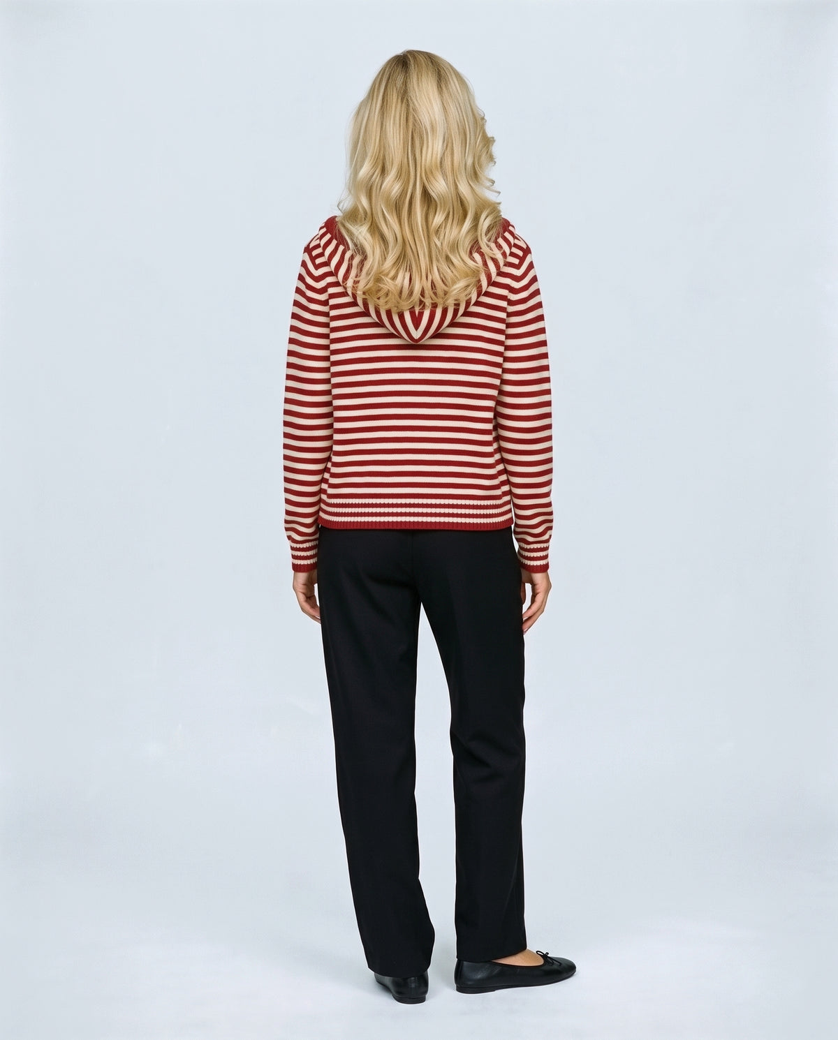 Marin Striped Hooded Cardigan in Red stripe, back view on a non-pregnant model