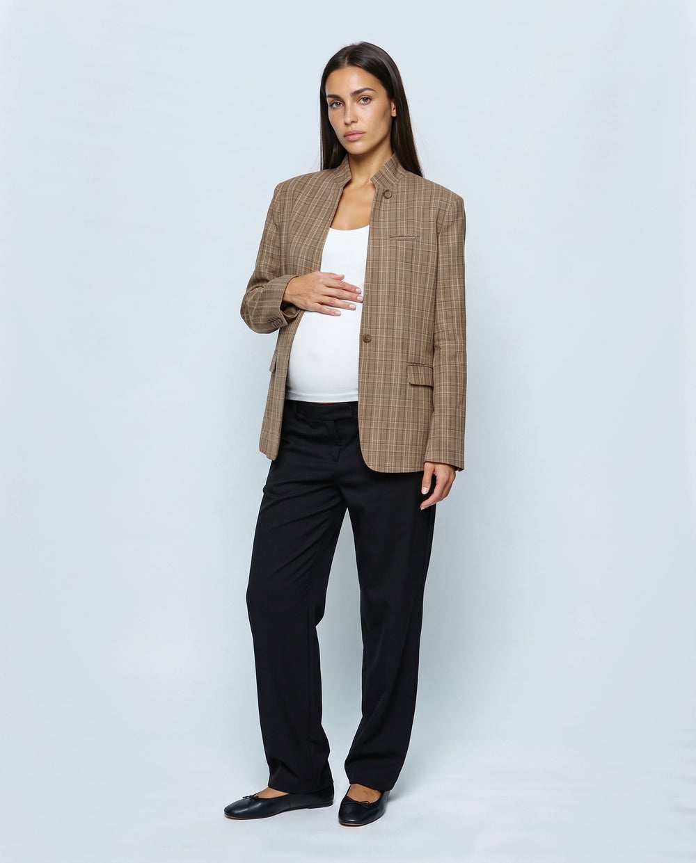 The Stand-Collar Checked Jacket in Brown check, front view