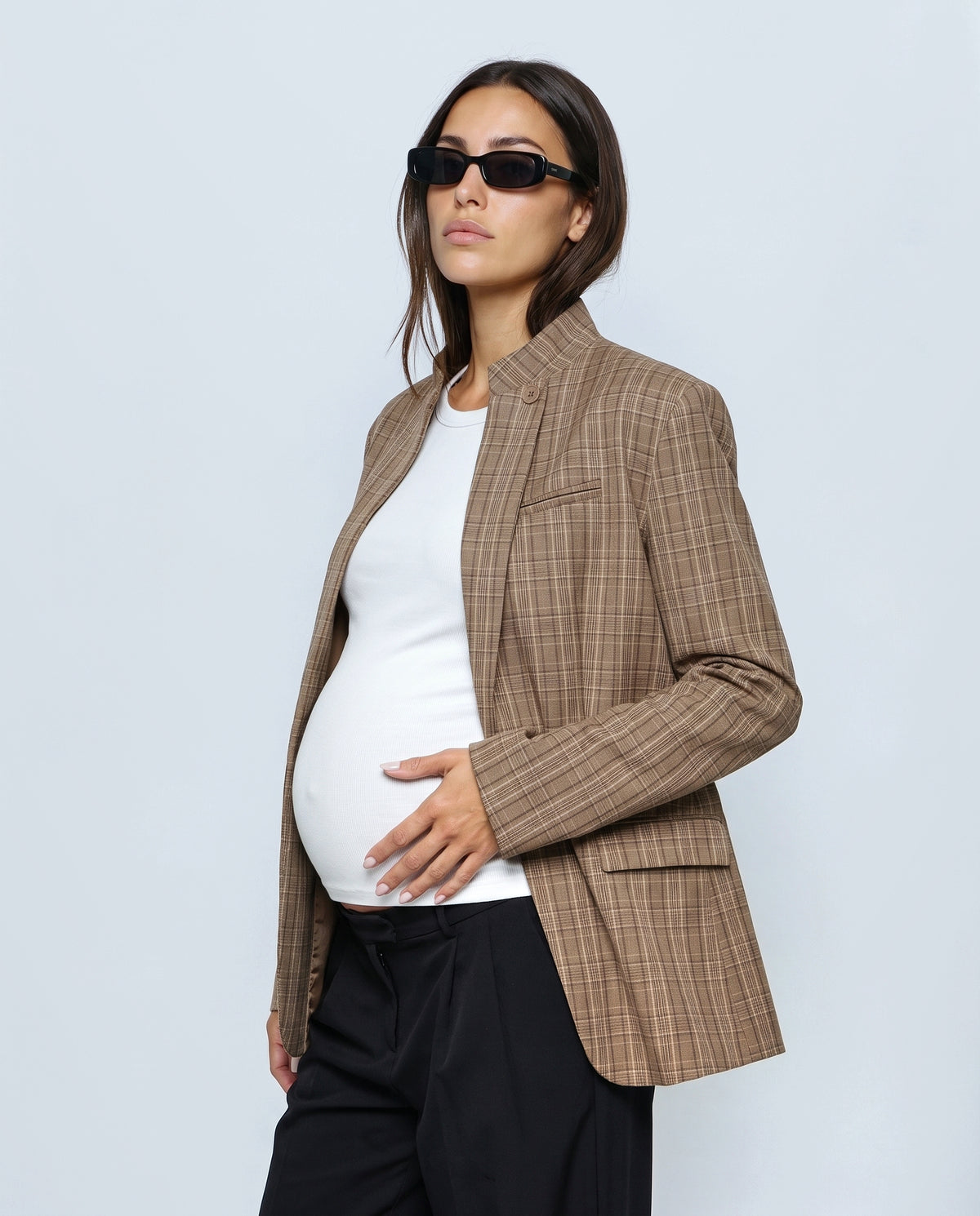 The Stand-Collar Checked Jacket in Brown check, side close-up