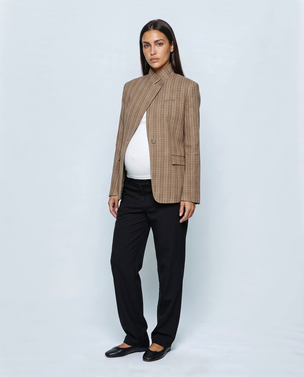 The Stand-Collar Checked Jacket in Brown check, side close-up