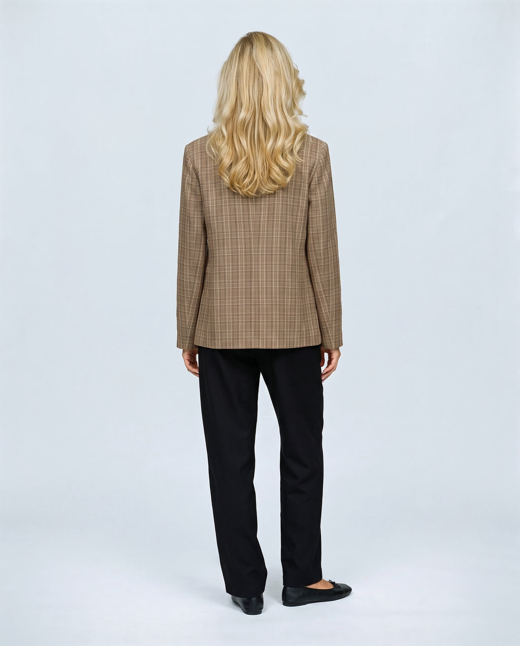 The Stand-Collar Checked Jacket in Brown check, back view on a non-pregnant model