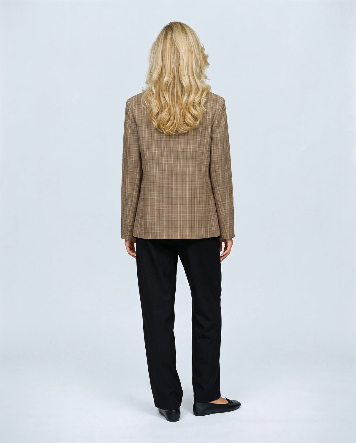 The Stand-Collar Checked Jacket in Brown check, back view on a non-pregnant model