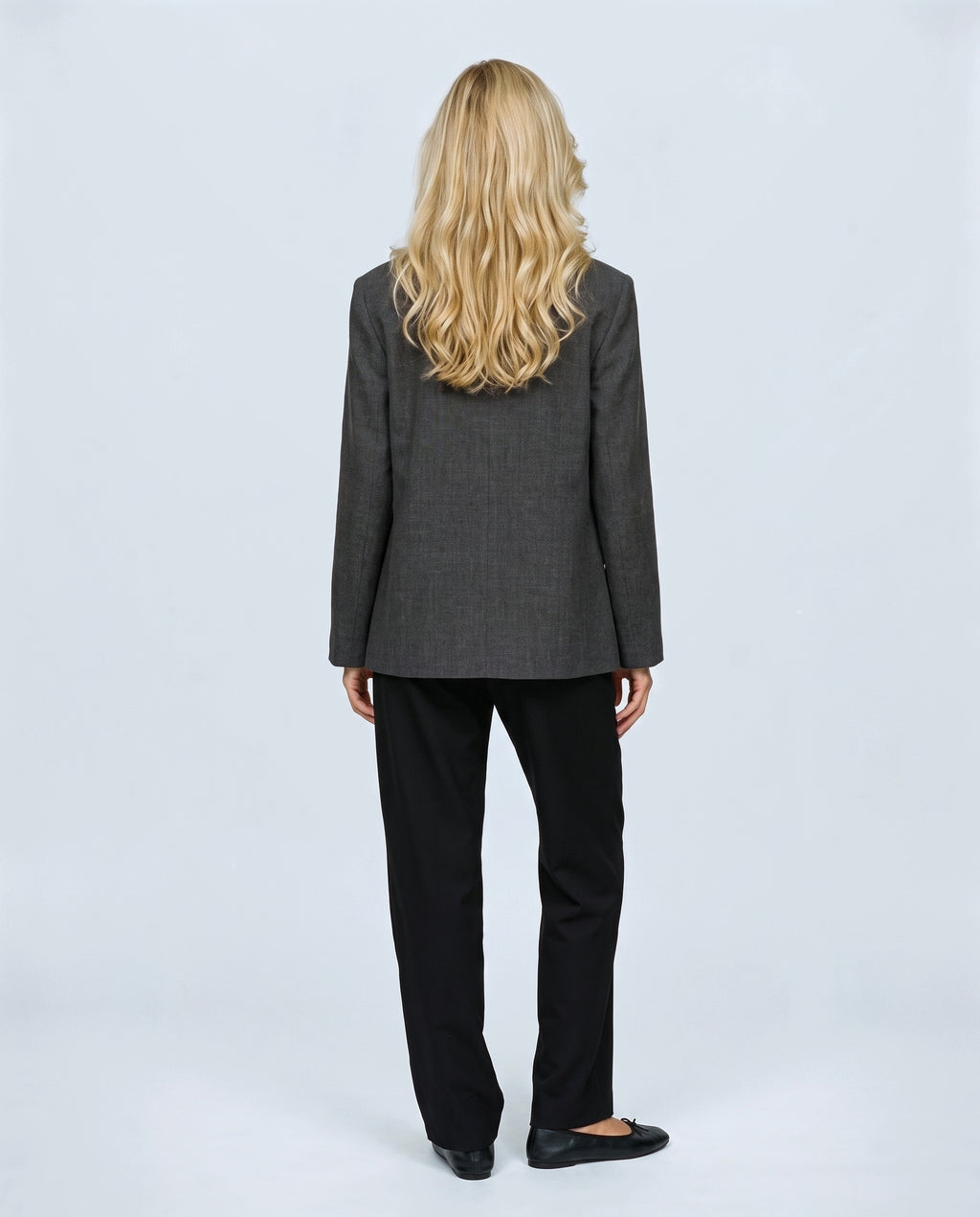 The Stand-Collar Checked Jacket in Dark grey, back view on a non-pregnant model