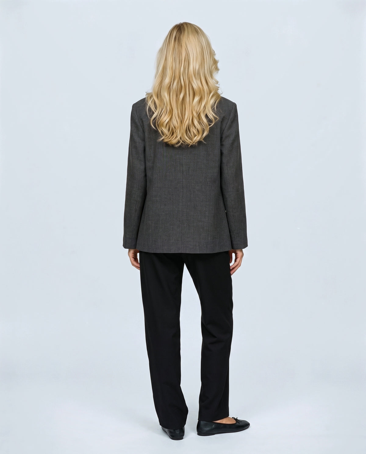 The Stand-Collar Checked Jacket in Dark grey, back view on a non-pregnant model