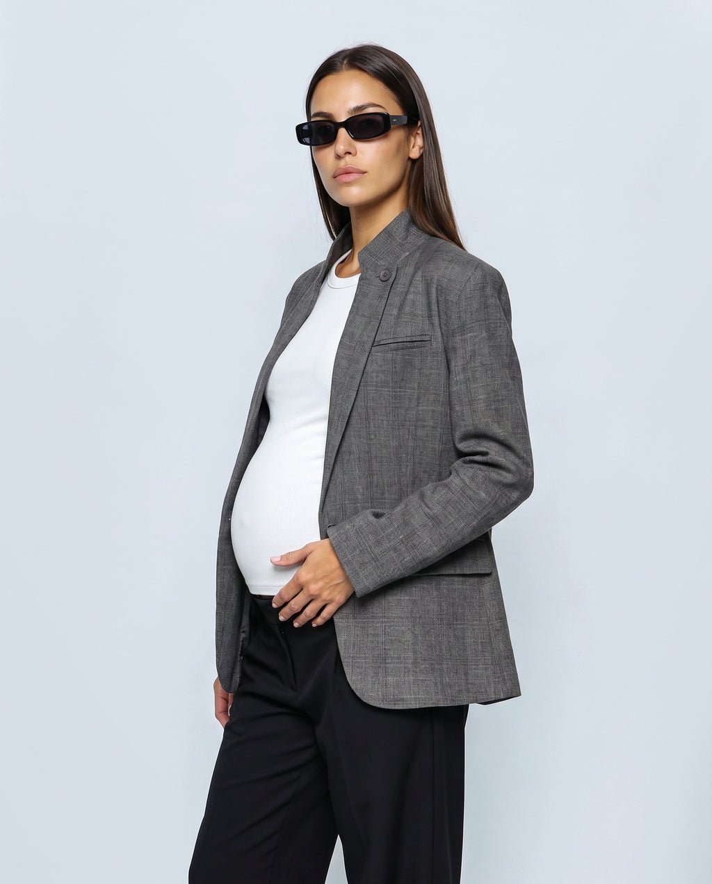 The Stand-Collar Checked Jacket in Grey check, side view