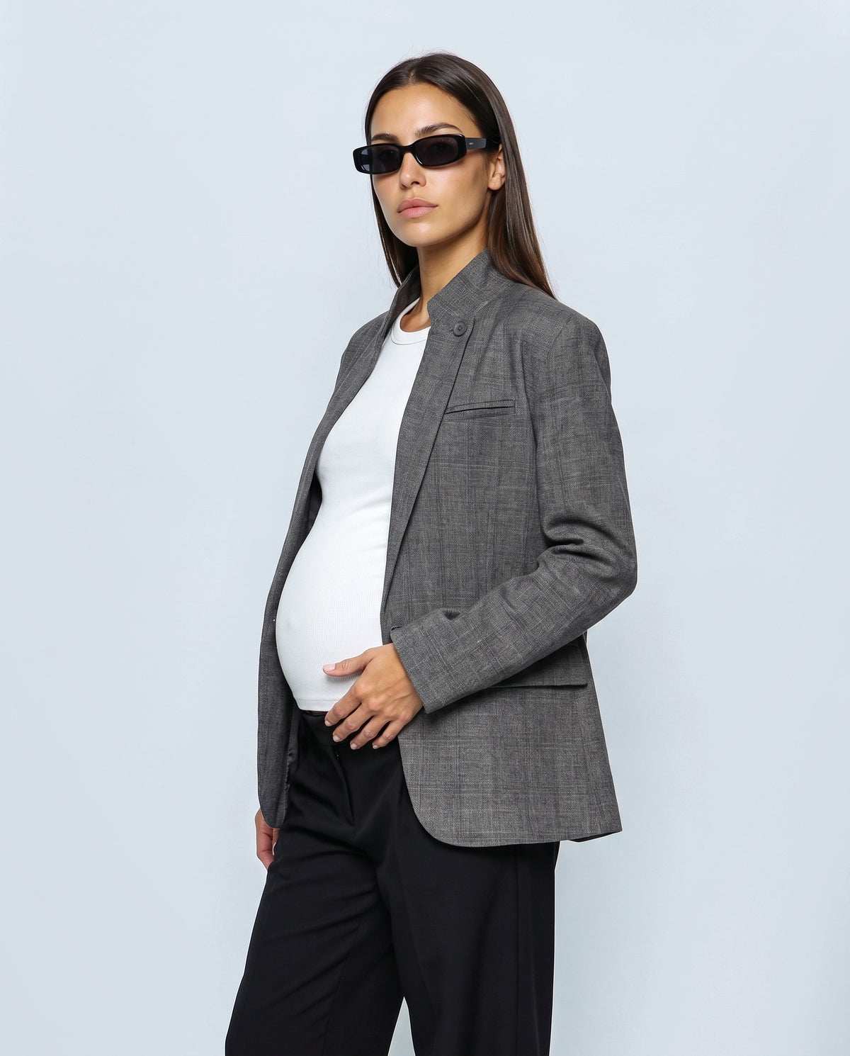 The Stand-Collar Checked Jacket in Grey check, side view