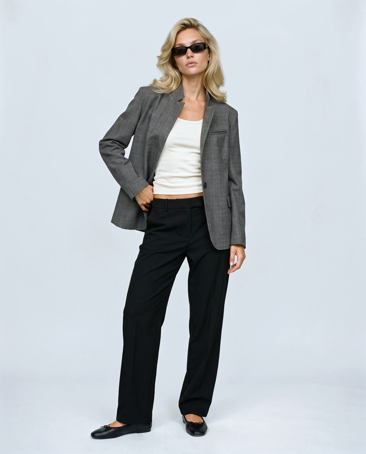 The Stand-Collar Checked Jacket in Grey check, front view on a non-pregnant model