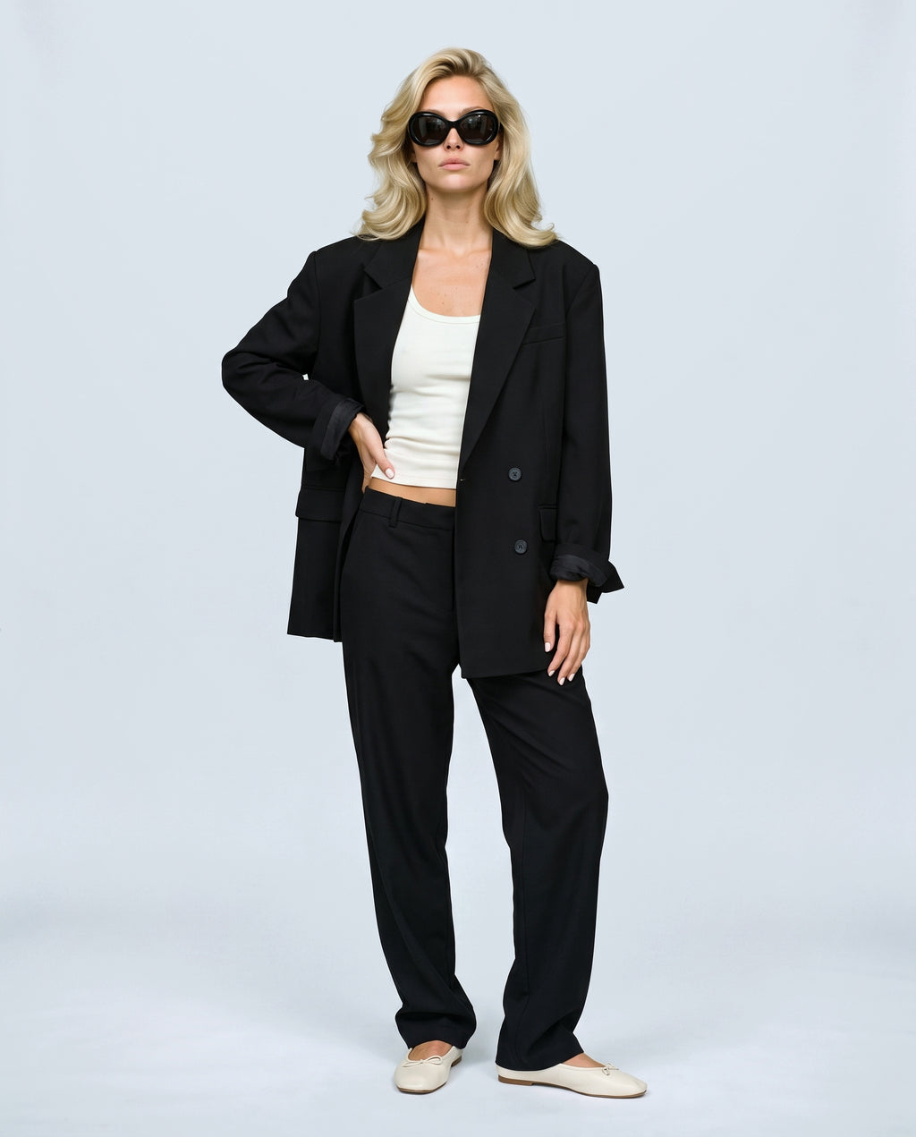 Lou Oversized Blazer in Black, front view on a non-pregnant model
