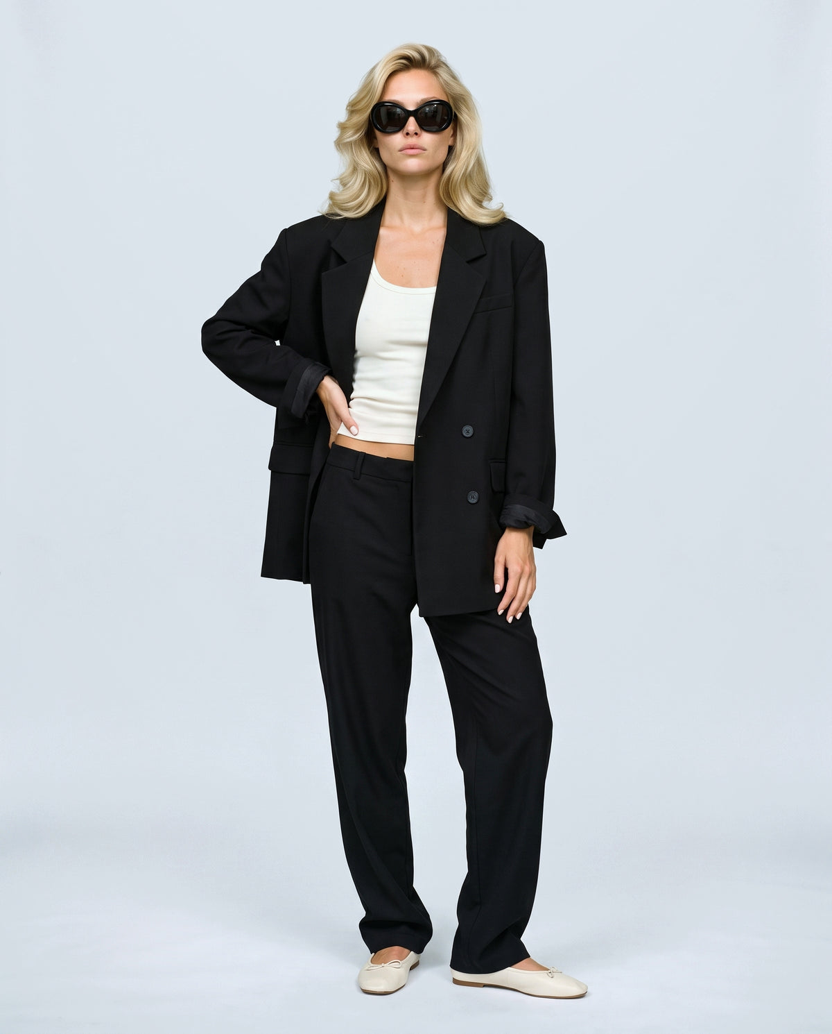 Lou Oversized Blazer in Black, front view on a non-pregnant model