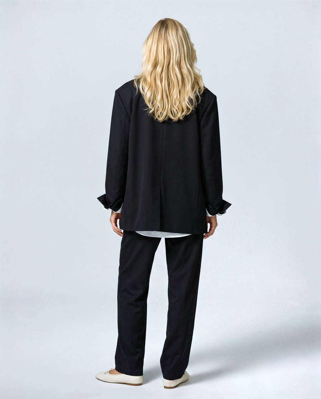 Lou Oversized Blazer in Black, back view on a non-pregnant model