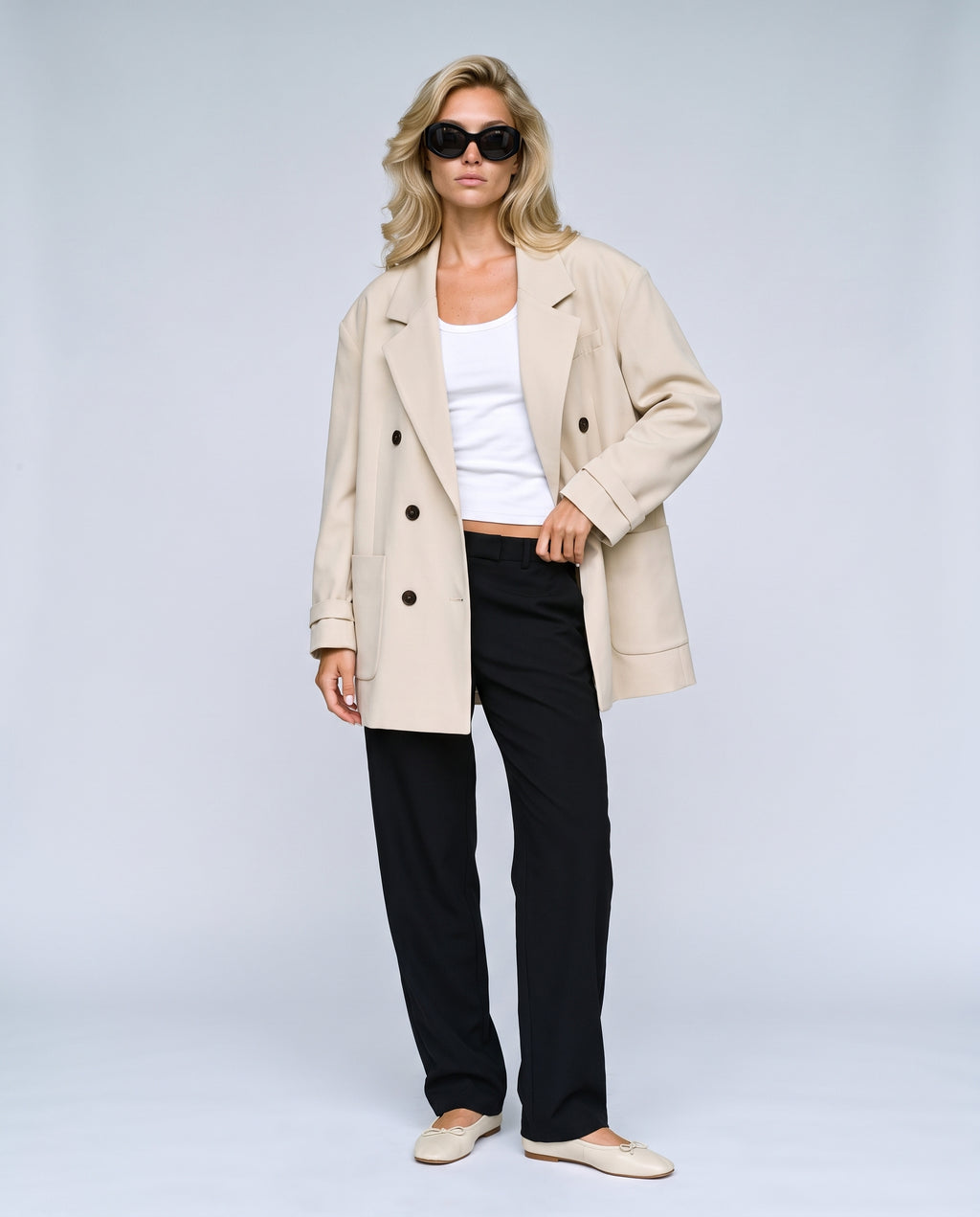 Lou Oversized Blazer in Ivory, front view on a non-pregnant model