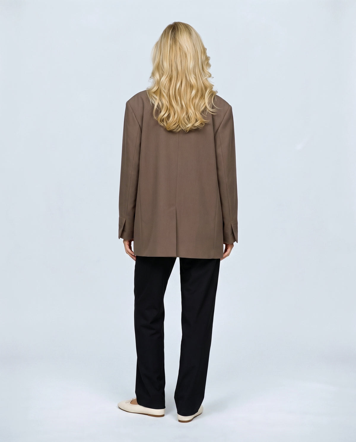 Lou Oversized Blazer in Mocha brown, back view on a non-pregnant model