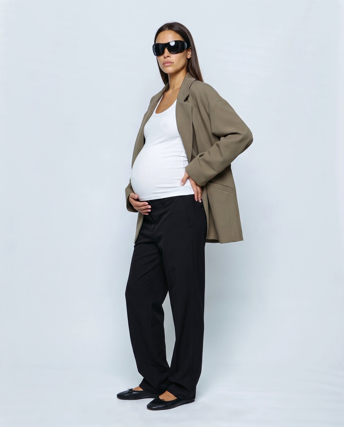 The Relaxed Double-Breasted Blazer in Khaki olive, side view