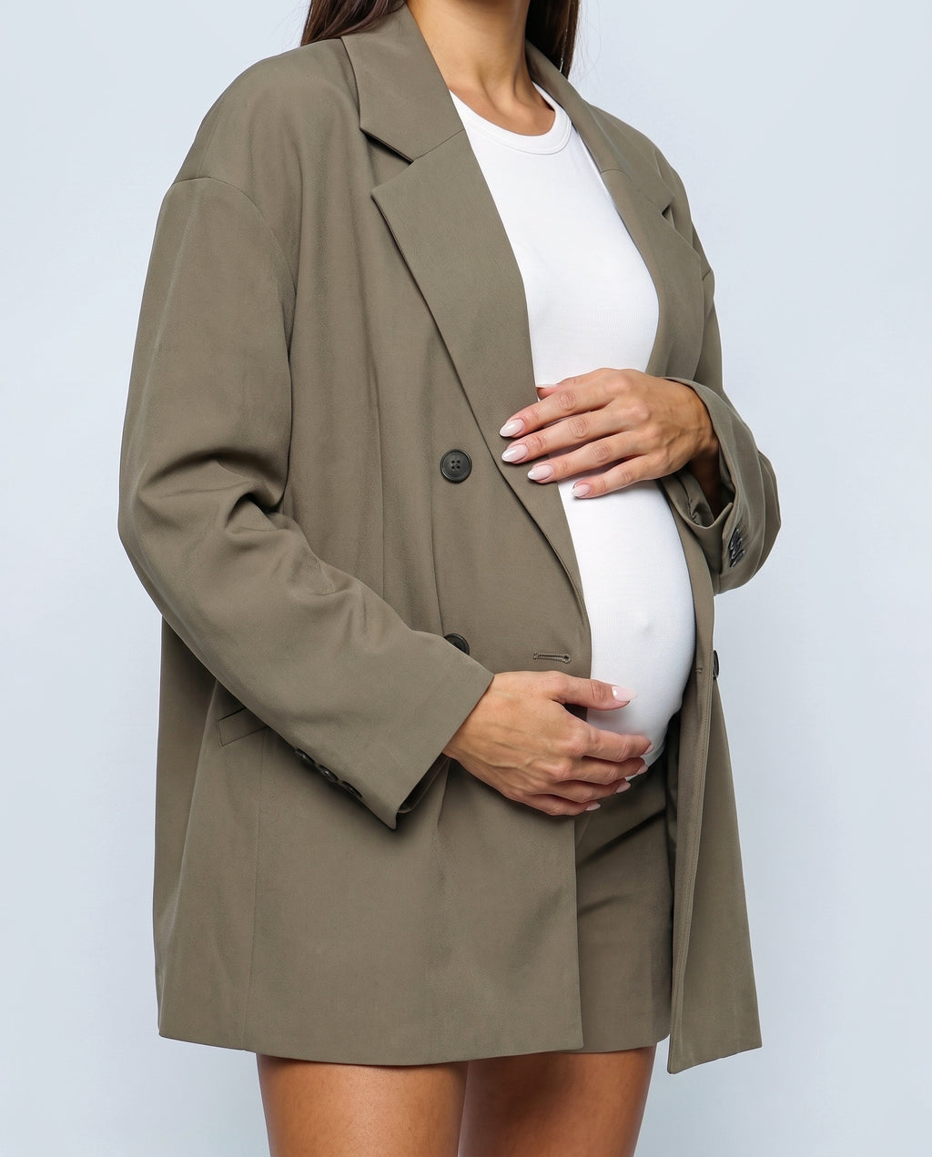 The Relaxed Double-Breasted Blazer in Khaki olive, fabric detail
