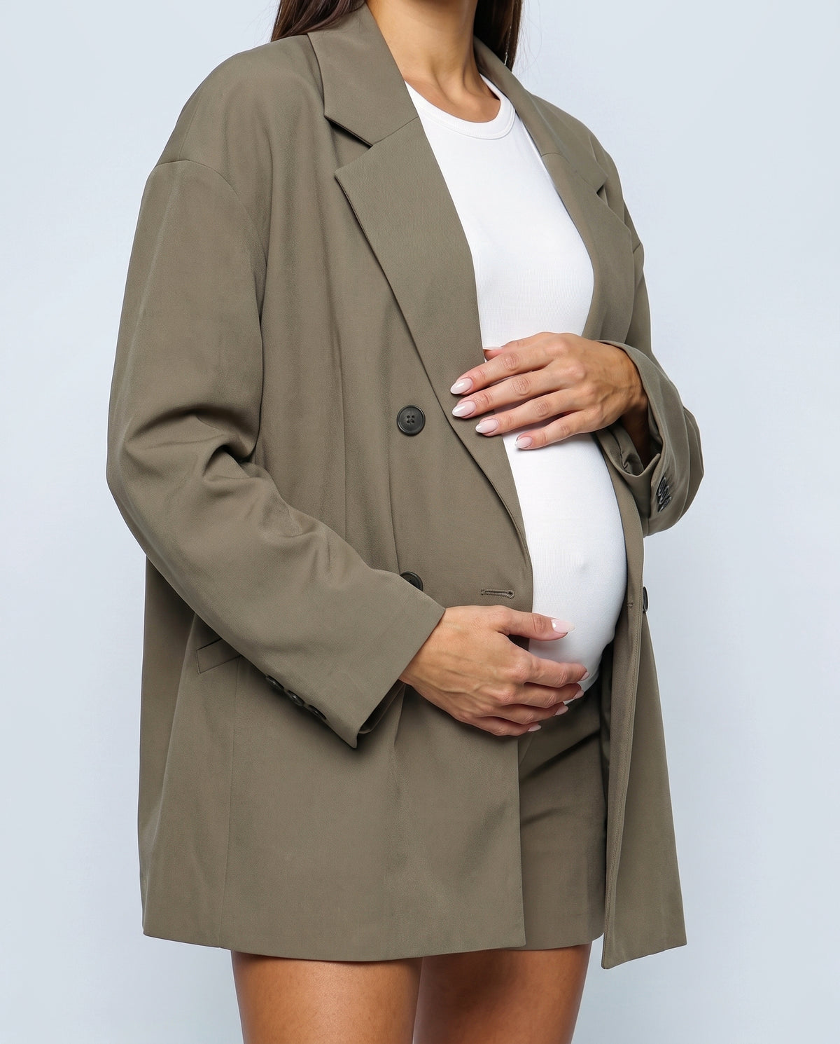 The Relaxed Double-Breasted Blazer in Khaki olive, fabric detail