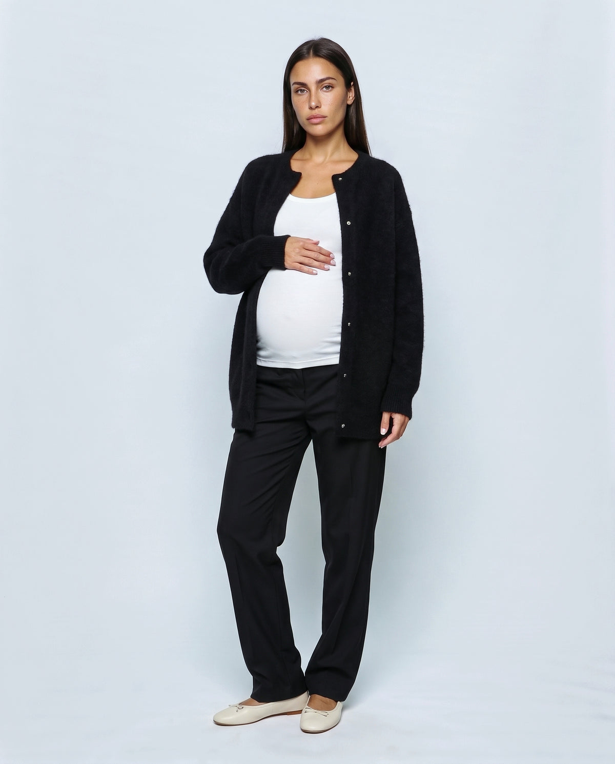 Anais Longline Button Cardigan in Black, front view