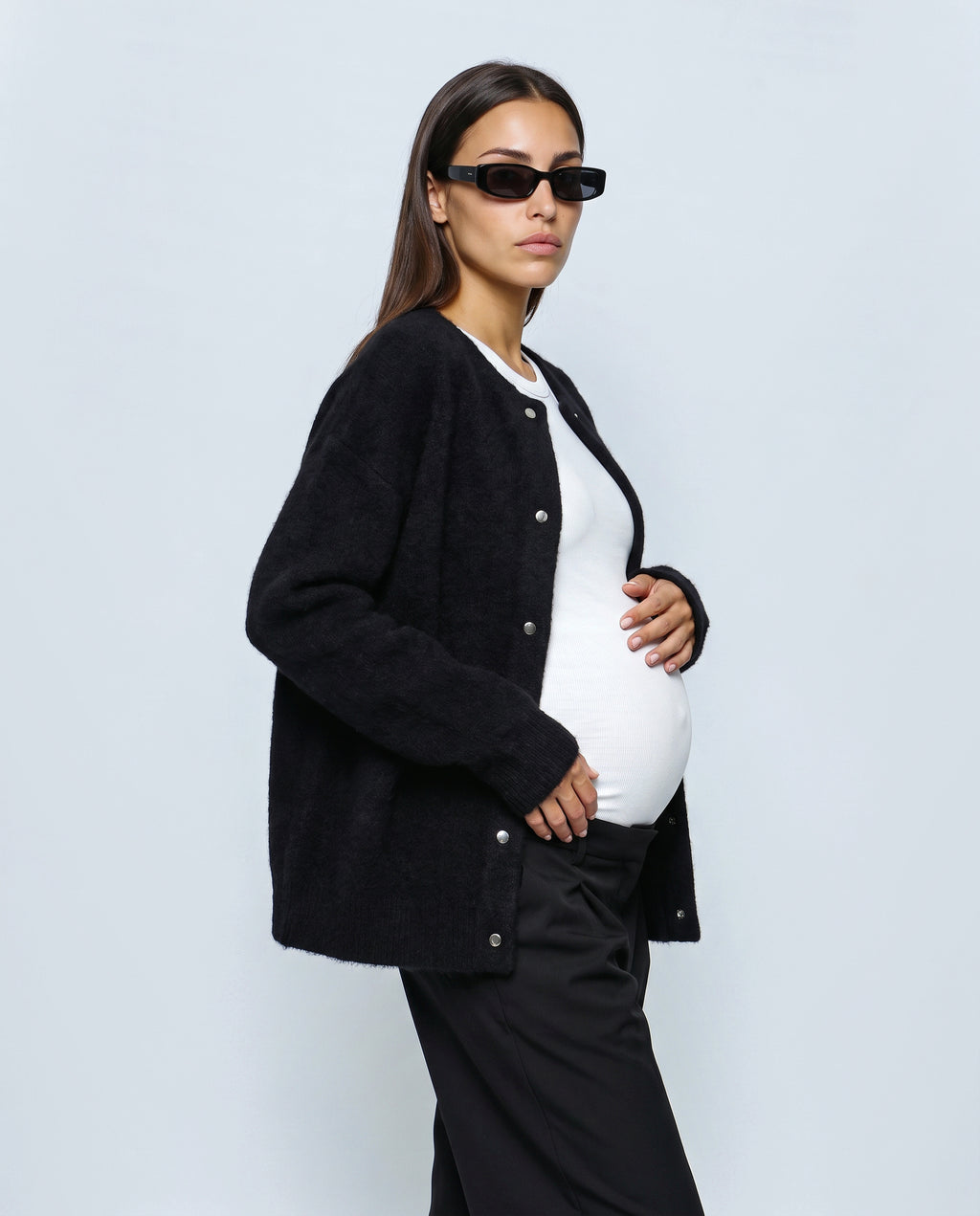 Anais Longline Button Cardigan in Black, side view