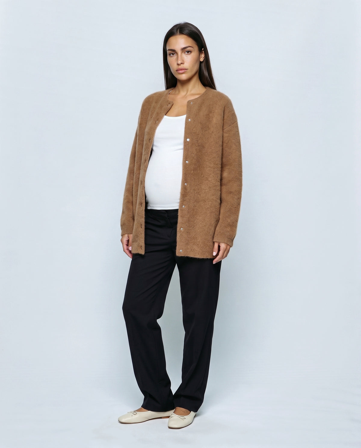 Anais Longline Button Cardigan in Camel, closed over the bump