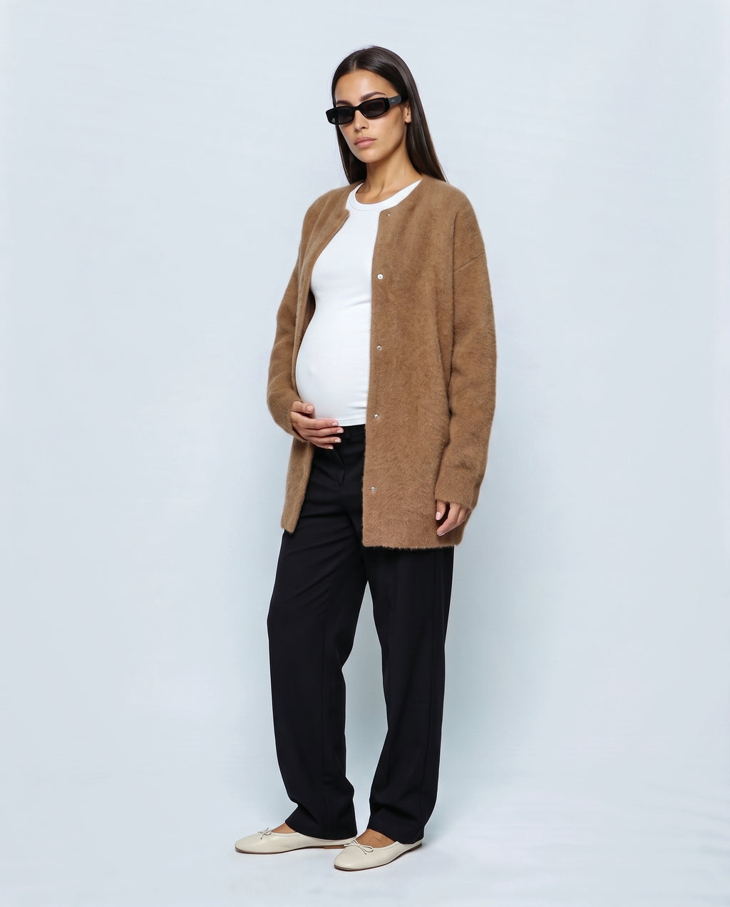 Anais Longline Button Cardigan in Camel, side view
