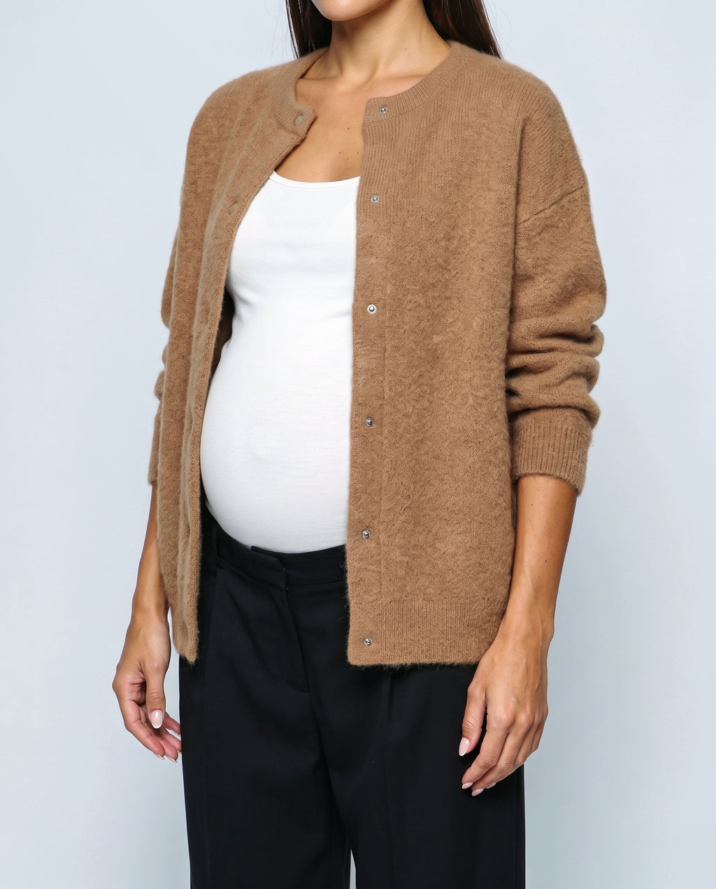 Anais Longline Button Cardigan in Camel, fabric detail